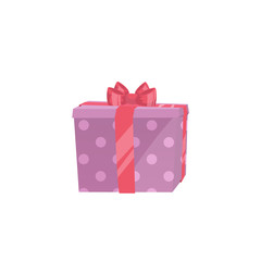 Cartoon trendy design icon of pink polka paper gift box with red ribbon. Christmas, birthday and party symbol. Vector simple gradient surprise illustration.