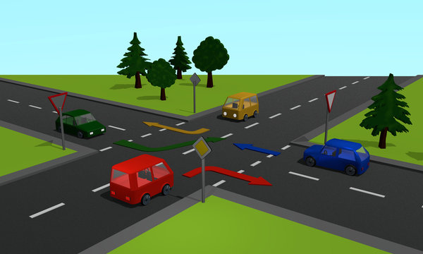 Straßenkreuzung mit den Schildern Vorfahrtsstraße und Vorfahrt gewähren sowie Richtungspfeilen