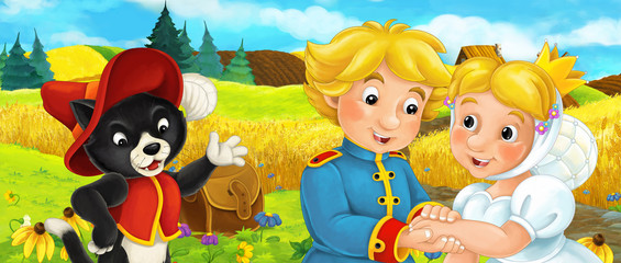 Cartoon happy farm scene with wooden house in the background - illustration for children