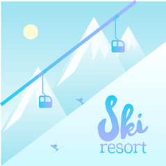Vector poster of Ski Resort. Illustration showing a ski lift system for skiers. Winter view and a cable car.