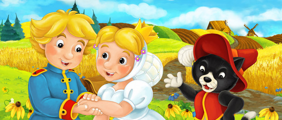 Fototapeta na wymiar Cartoon happy farm scene with wooden house in the background - illustration for children