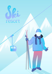 Vector illustration of Ski resort. Poster of a skier holding sports equipment. Marvelous winter landscape and a ski lift.