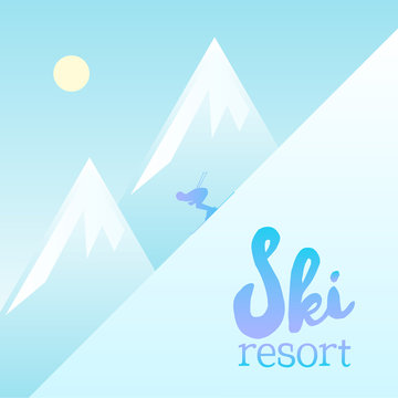 Poster of Ski resort. Picture showing a man skiing down the mountain hill. Lovely winter view.