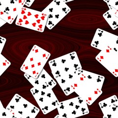 playing cards scattered on the mahogany wooden table - seamless pattern texture background