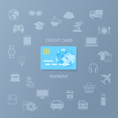 Credit card payment. Cashless payment for goods and services. Credit card and set of service icons. Vector illustration