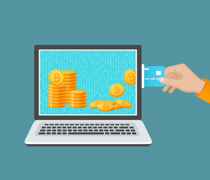 Bitcoin exchange concept. Cryptocurrency Capitalizations. A man's hand with a credit card, leptop and bitcoins. Purchase of digital virtual electronic coins. Vector 