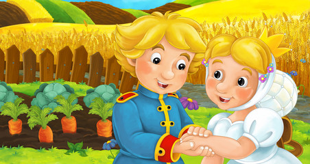 Obraz na płótnie Canvas Cartoon happy farm scene with married couple with castle in the background - illustration for children