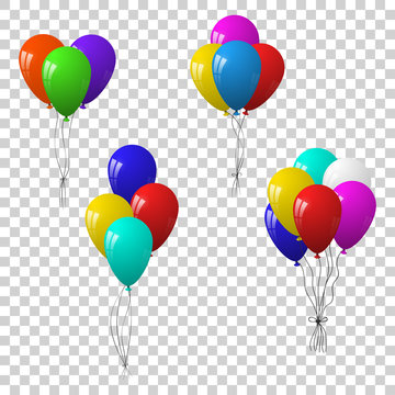 Vector set of bunches and groups of colorful party balloons. Isolated on transparent background.