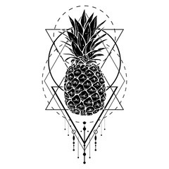 Image of black white pineapple fruit with geometric figures. Print t-shirt, graphic element for your design, tattoo design. Vector illustration. - 175222756