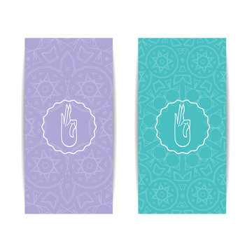 Yoga banner template. Set of vertical purple and turquoise flyers with chakra and mandala symbols. Design for yoga banner, studio, spa, classes, poster, invitation, gift certificate and presentation