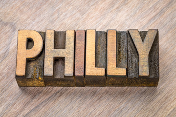 Philly word abstract in letterpress wood type