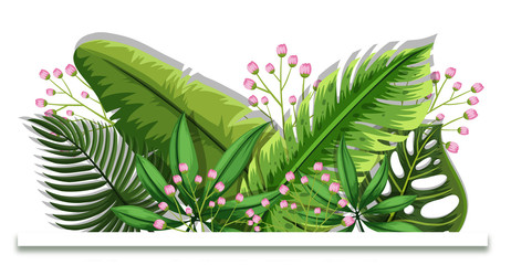 Background design with green leaves and pink flowers