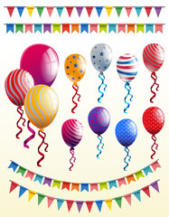 Party elements with balloons and flags