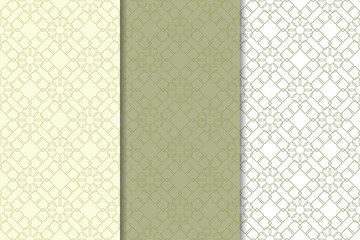 Olive green and white set of geometric seamless patterns