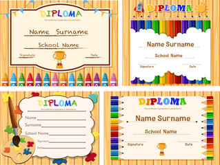 Diploma templates with wooden board and color pencils