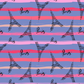 Seamless pattern with Eiffel Tower and words Paris on stripes in grungy style
