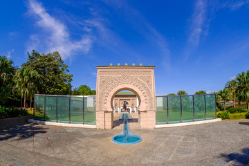 Fototapeta na wymiar Beautiful scenery of Astaka Morocco or Morocco Pavilion in Putrajaya, Malaysia with blue sky