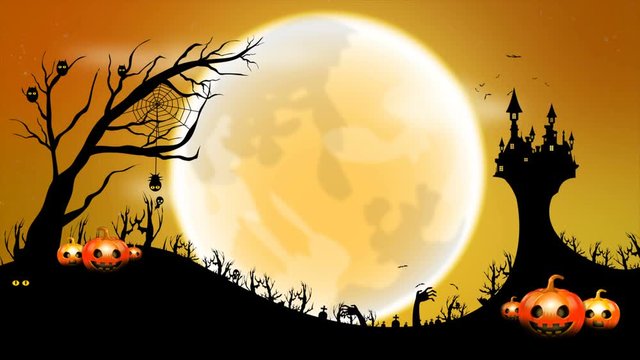 4K Dark abstract background Halloween Animation moving Full moon with ghost bat devil hands tree element with copy space with grain fractal and noise processed