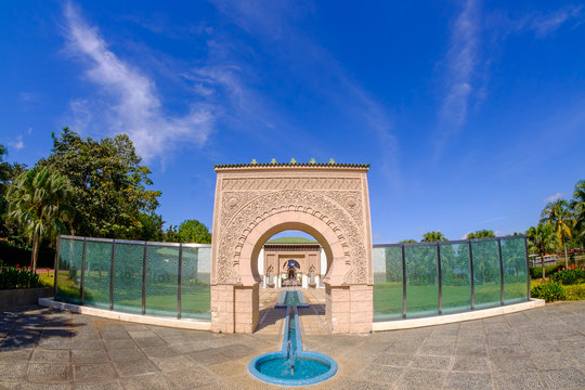 Beautiful scenery of Astaka Morocco or Morocco Pavilion in Putrajaya, Malaysia with blue sky