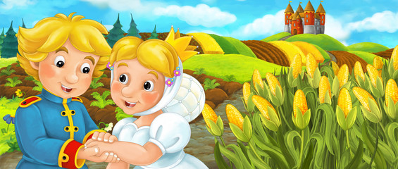 Obraz na płótnie Canvas Cartoon happy farm scene with castle in the background - illustration for children