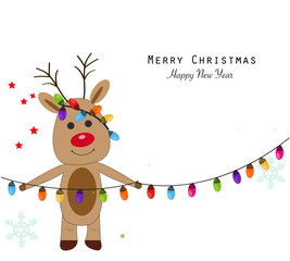 Deer with colorful light bulb. Merry christmas and happy new year greeting card