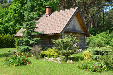Fototapeta premium Wooden bath on the country site in summer sunny day