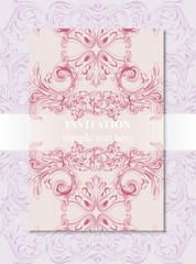 Invitation card Vector. Royal victorian pattern ornament. Rich rococo backgrounds. Primrose pink and lavender colors