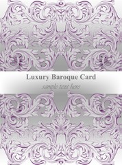 Luxury invitation card Vector. Royal victorian pattern ornament. Rich rococo backgrounds. lavender colors