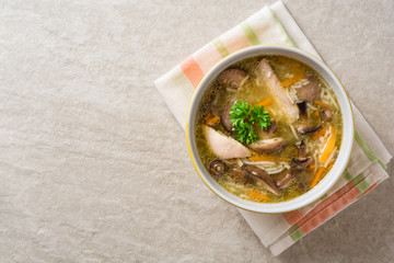 Chicken soup with mushrooms and noodles in bowl on gray stone background