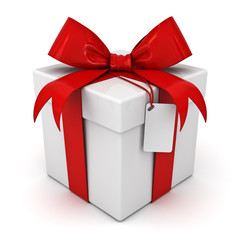 Gift box or present box with red ribbon bow and blank tag isolated on white background with shadow . 3D rendering.