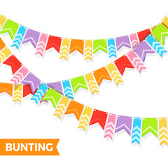 Fototapeta premium Bunting colorful flags vector illustration isolated on white.