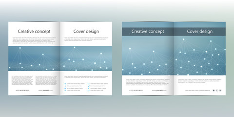 Bi-fold business brochure template with abstract background. Geometric graphics and connected lines with dots. Medical, technological and scientific concept. Vector illustration.