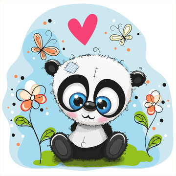 Cute Panda with flowers and butterflies