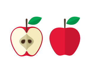 Red Apple And A Half.  Flat Design Vector Illustration Of A Red Apple  And A Half Of It On White Background.