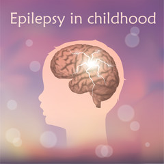 1595273 Epilepsy in infants, childhood. Vector medical illustration. Kid, baby, childhood. Blurred pink background, silhouette of child head, anatomy image of brain, electrical discharge.