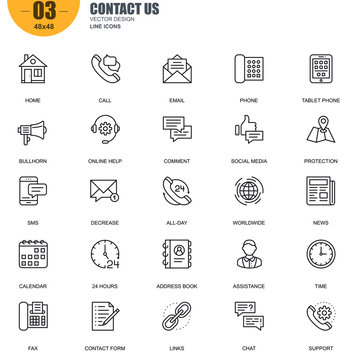 Simple Set of Contact Us Related Vector Line Icons. Contains such Icons as Phone, Tablet, Bullhorn, Address Book, Contact Form, Calendar and more. Editable Stroke. 48x48 Pixel Perfect.