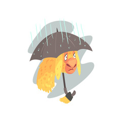 Sad llama character walking with umbrella in rainy day, cute alpaca animal cartoon vector Illustration © topvectors