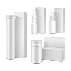Set of vector template of white plastic bottles with cap for medicine, pills, tabs, spray. Packaging mock up illustration