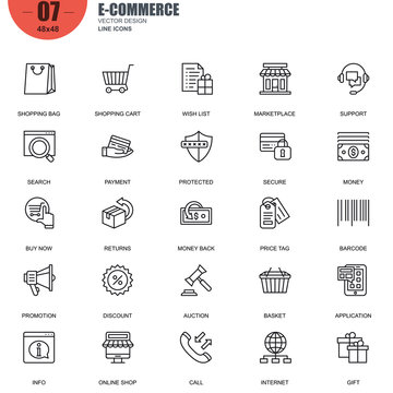 Simple Set of E-commerce Related Vector Line Icons. Contains such Icons as Shop, Delivery, Shopping bag, Sale, Wallet, Online Support, Price Tag and more. Editable Stroke. 48x48 Pixel Perfect.