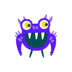 Funny blue toothy cartoon monster, fabulous incredible creature, cute alien vector Illustration