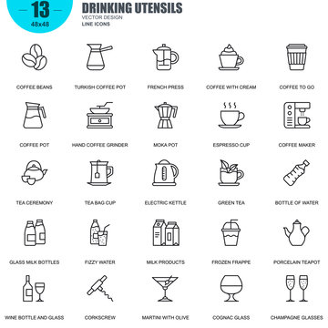 Simple Set of Drinking Utensils Related Vector Line Icons. Contains such Icons as Turkish Coffee Pot, Kettle, Coffee Maker, Wine Bottle And Glass and more. Editable Stroke. 48x48 Pixel Perfect.
