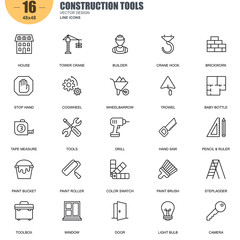 Simple Set of Construction Tools Related Vector Line Icons. Contains such Icons as Tower Crane, Builder, Brickwork, Drill, Hand Saw, Stepladder and more. Editable Stroke. 48x48 Pixel Perfect.