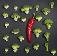 A broccoli pattern with a red pepper in the middle.