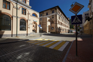 Empty streets of winter mountain resort at summer.
