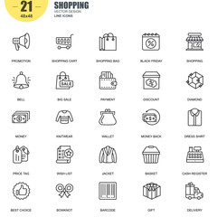 Simple Set of Shopping Related Vector Line Icons. Contains such Icons as Promotion, Wallet, Payment, Big Sale, Basket, Price Tag, Money, Delivery and more. Editable Stroke. 48x48 Pixel Perfect.