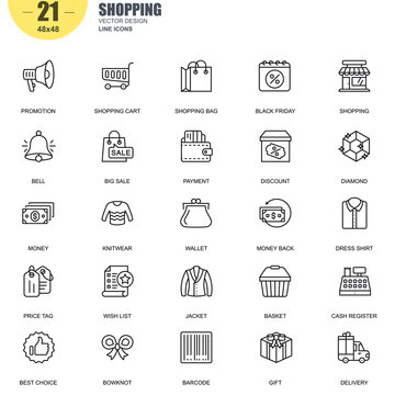 Simple Set of Shopping Related Vector Line Icons. Contains such Icons as Promotion, Wallet, Payment, Big Sale, Basket, Price Tag, Money, Delivery and more. Editable Stroke. 48x48 Pixel Perfect.