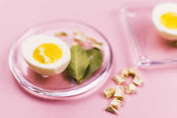 Boiled egg on a plate with vegetables and Bay leaf