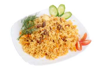 rice pilaf with meat carrot and onion isolated on white