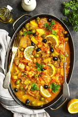 Fish solyanka - traditional dish of russian cuisine.Top view.