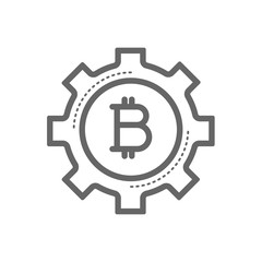 Bitcoin in a gear line icon. Cryptocurrency bitcoin mining concept. Linear vector icon isolated on white transparent background.